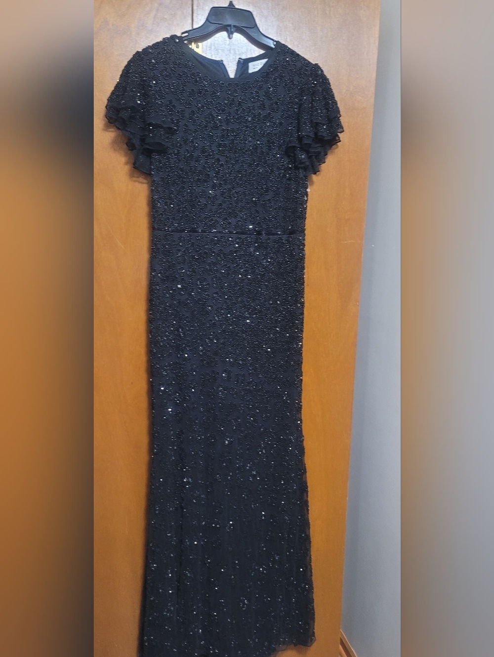 MacDuggal 10748  Cap Sleeve Long Firmal Black Beaded Evening Dress Size 10,12